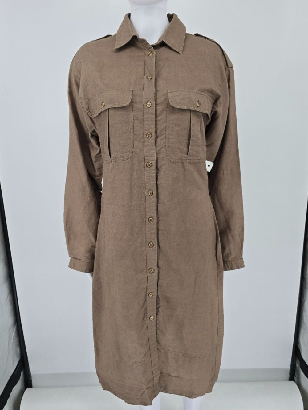 Vintage 1990s David Benjamin Ramie Blend Midi Safari Shirt Dress (10/M)